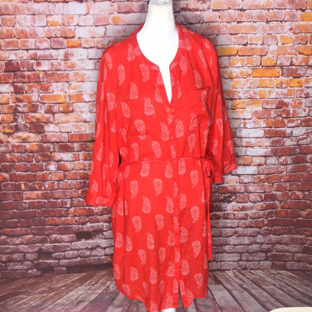 Old Navy Orange and White Paisley Lightweight Cotton Belted Shirt Dress - Picture 3 of 13